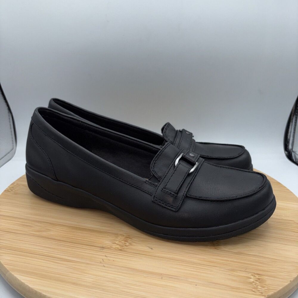 Clarks Cheyn Marie Leather Loafers Black Buckle Slip On Comfort Shoes 9.5 M